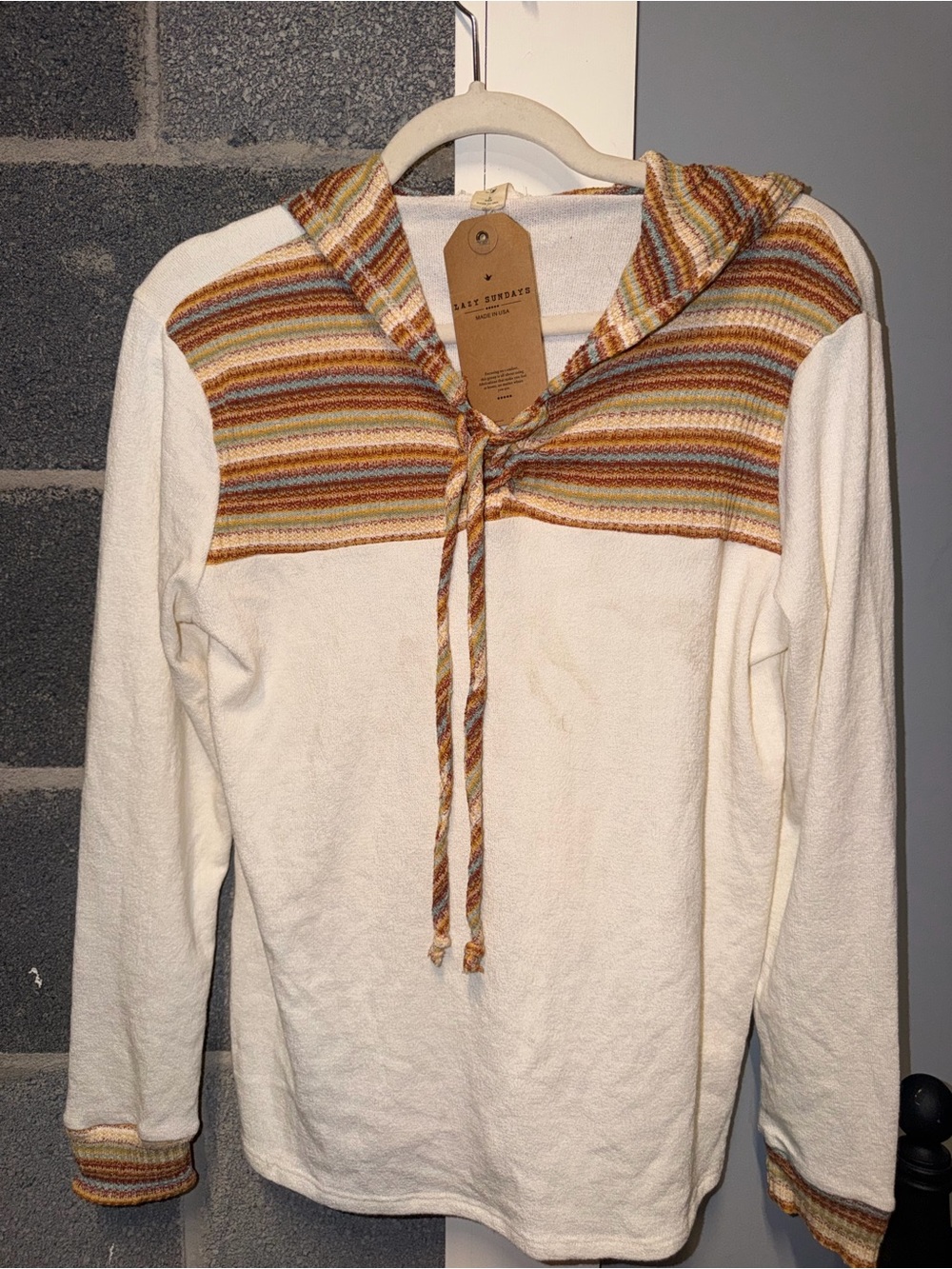 Lazy Sundays Cream Hooded Pullover with Multicolor Stripe Yoke
